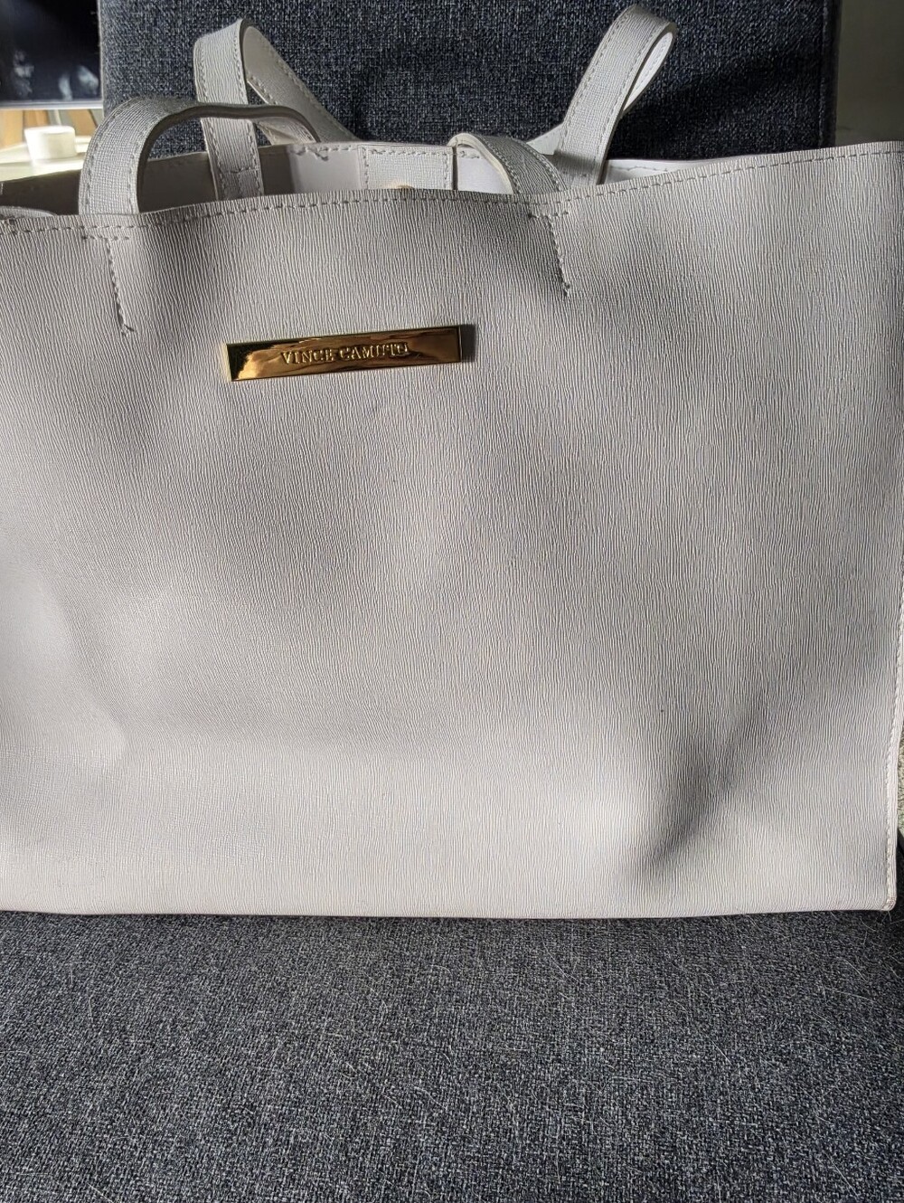 Vince Camuto Pale Gray Leather Tote with Gold Plaque